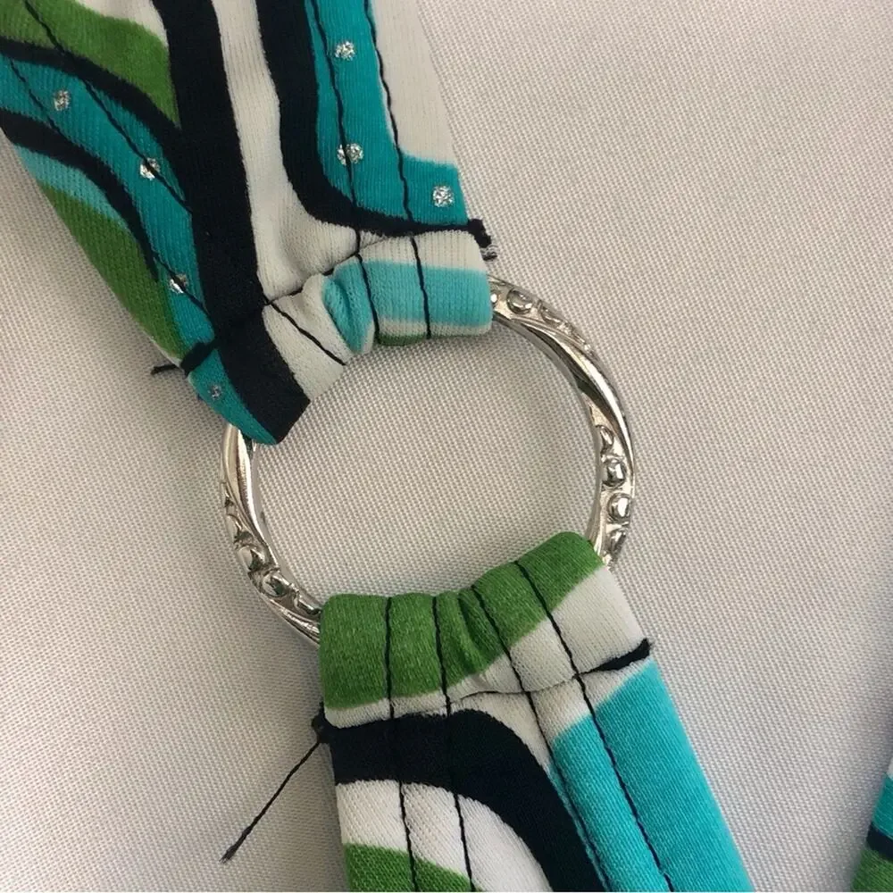 Gossip Geometric Print Triangle Bikini Silver Ring Accents Turquoise Back White